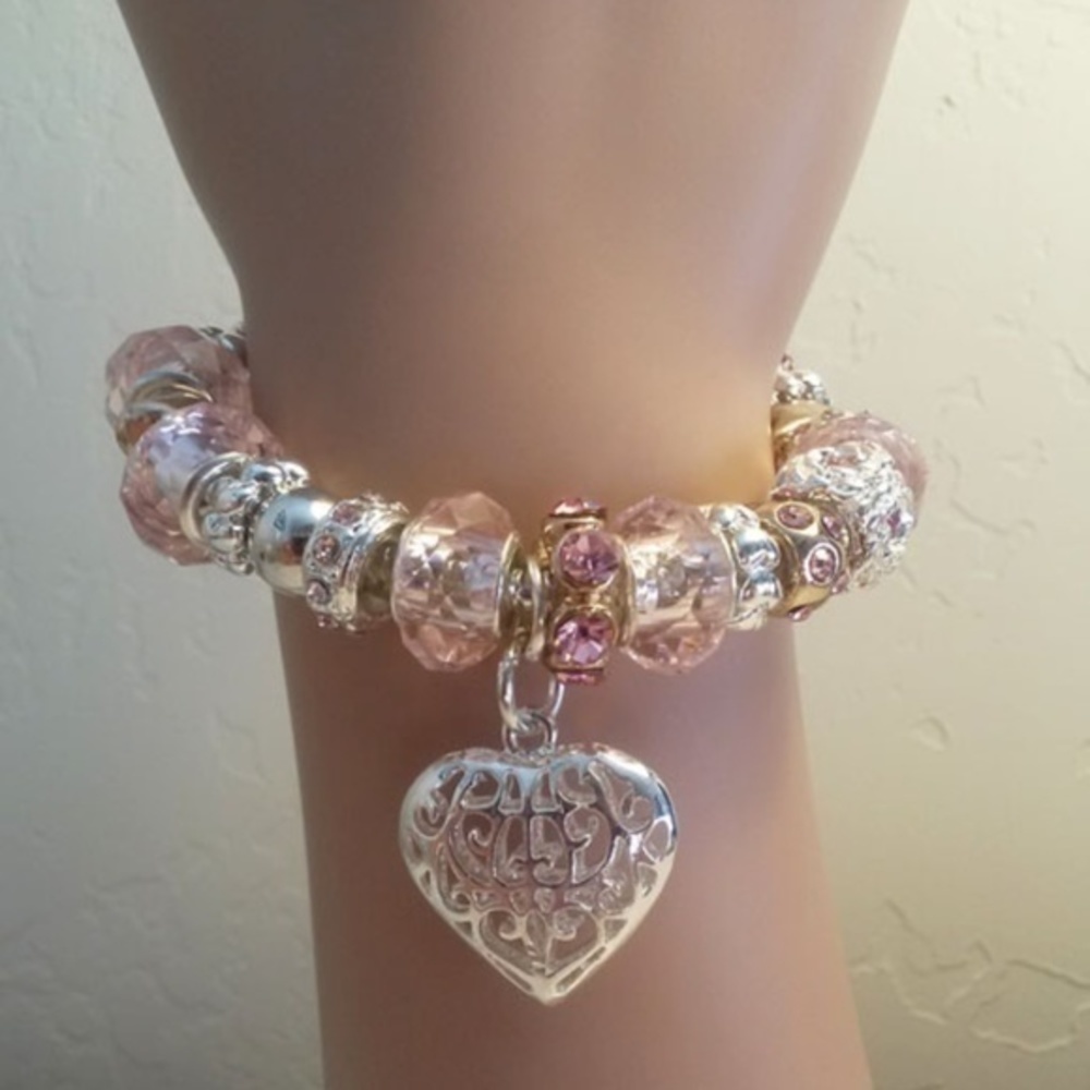 💗Heart Silver, Pink & Yellow Crystal Bracelet - Picture 2 of 4